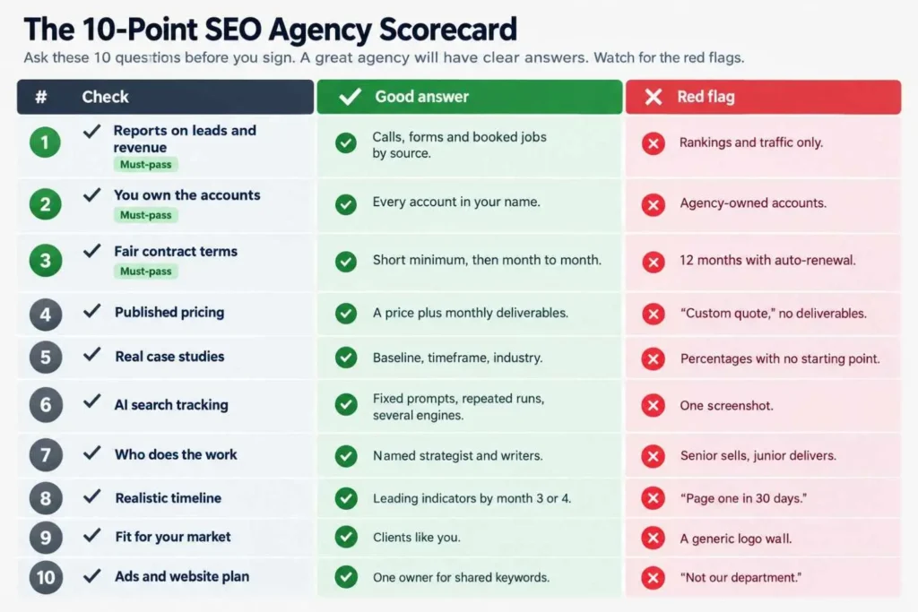 10-point SEO company scorecard with must-pass checks highlighted