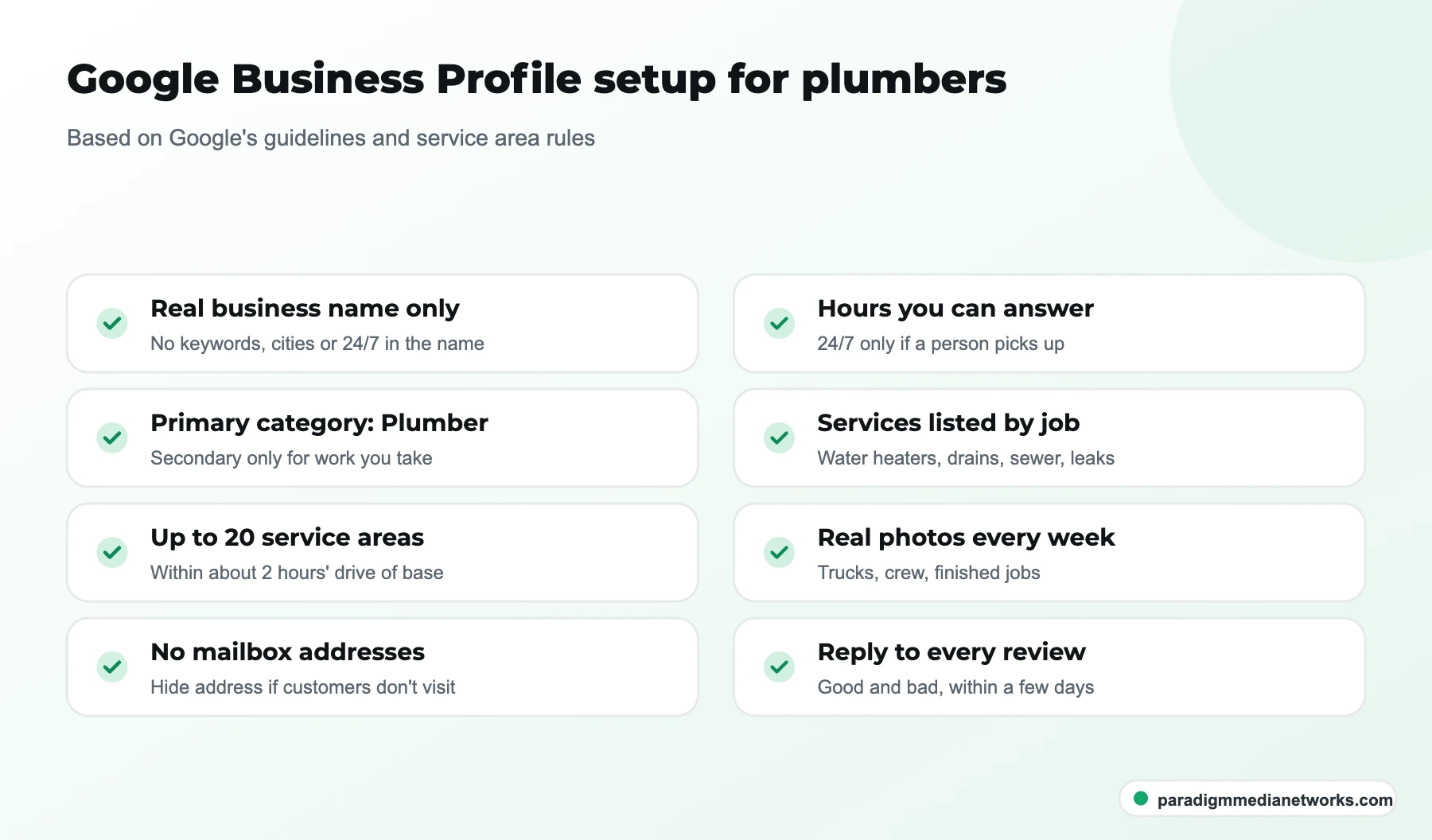 Checklist of eight Google Business Profile setup steps for plumbers, from business name to review replies
