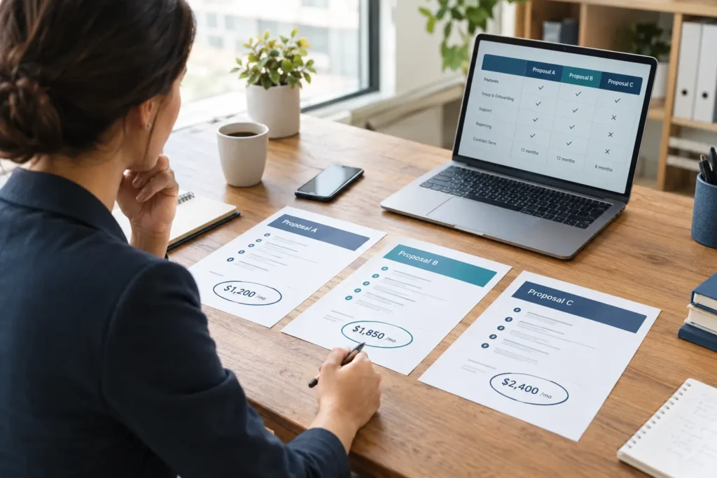 Business owner comparing three SEO packages at different monthly price points