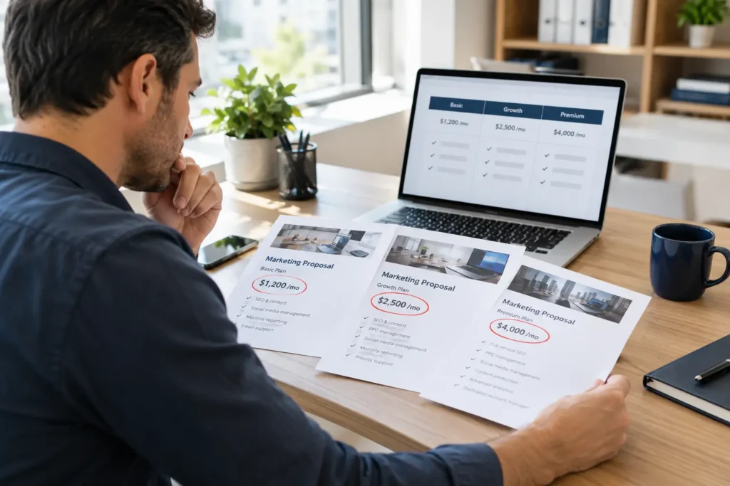 Business owner comparing SEO pricing proposals from three agencies in 2026