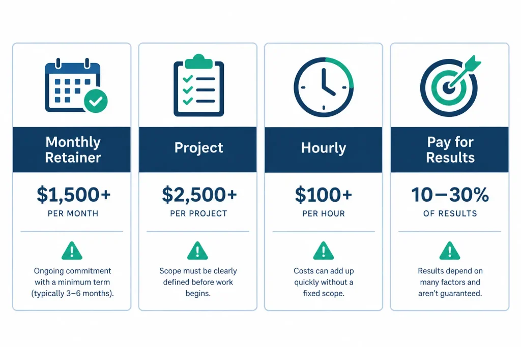 Four SEO pricing models compared by typical price and hidden risk