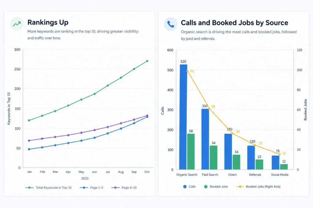 SEO report showing calls and booked jobs by source instead of rankings