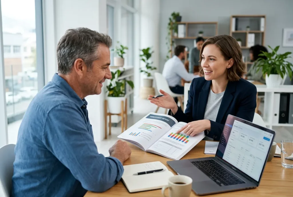 SEO strategist walking a business owner through an audit report before signing