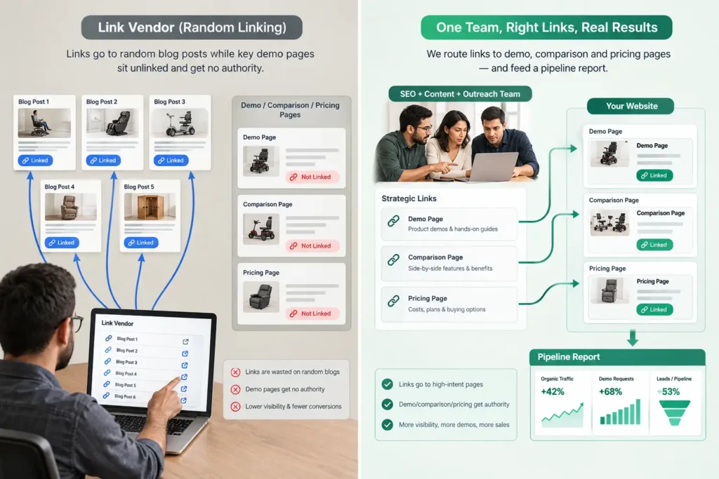 Siloed link vendor versus integrated SaaS SEO team pointing links at demo pages