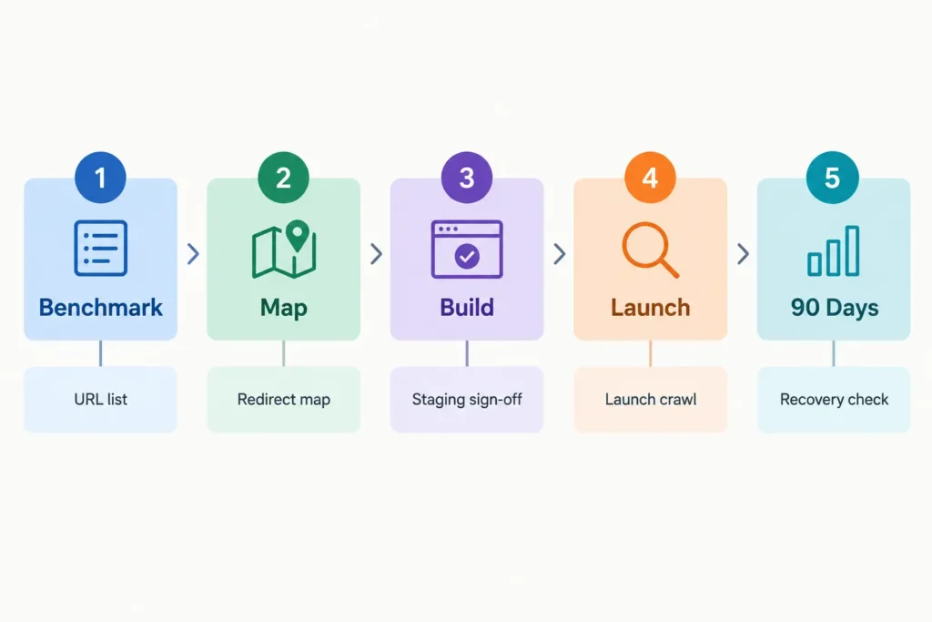 Five phases of a site migration from benchmark to 90-day monitoring