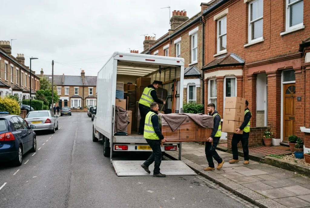 UK removals crew loading a removal van outside a red-brick Victorian terraced house