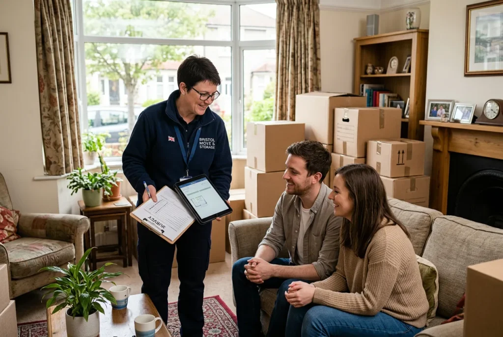 Removals estimator carrying out a pre-move home survey with a couple in their living room